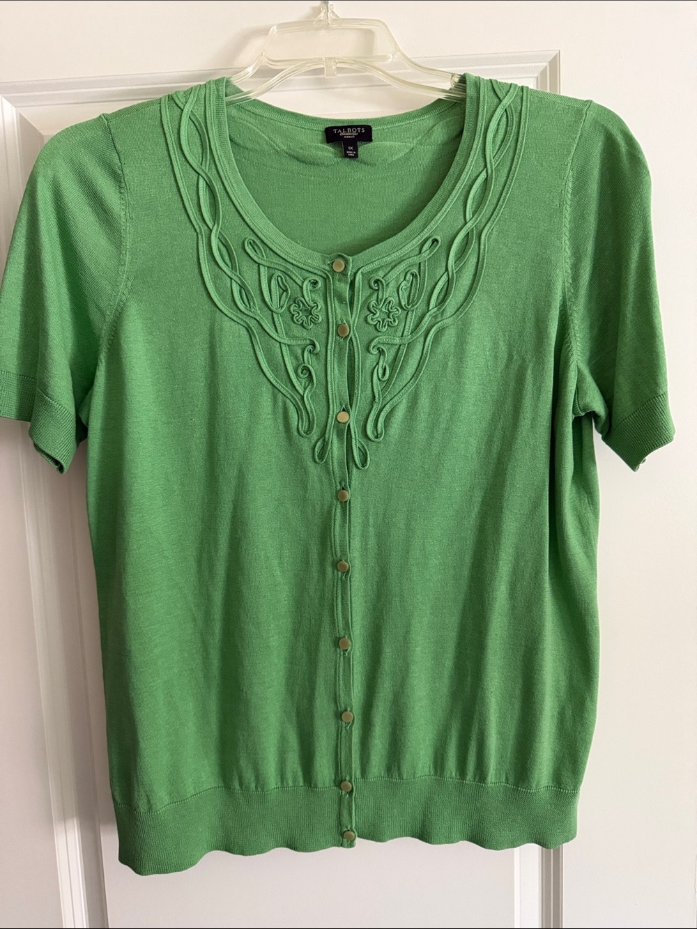 Talbots Light Green Short Sleeve Button-Up Cardigan with Embroidered Trim